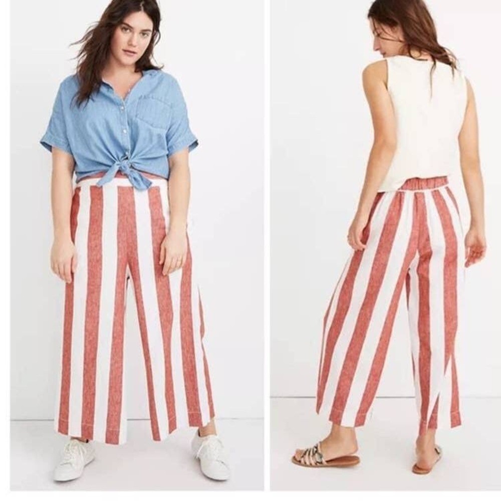 Madewell Striped‎ Wide Leg Culotte Pants High Rise Linen Cotton Boho Resortwear